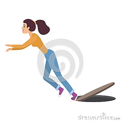 Careless woman walking, slipped girl falling into open sewer hatch Vector Illustration