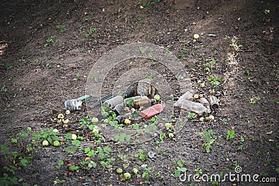 Carelessly discarded bottles and garbage lie on the roadside Stock Photo