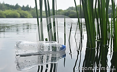 Discarded plastic bottle floating in a lake Stock Photo