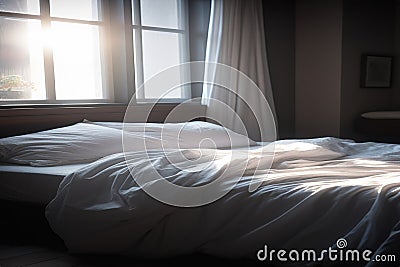 A carelessly made bed with white sheets, two pillows and soft morning light coming through the window, generative AI Stock Photo