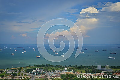 Cargo boats on the sea in Singapore Editorial Stock Photo