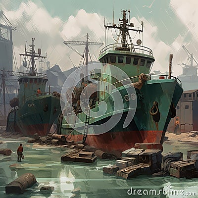 Cargo boats in shipyard port, created using generative ai technology Stock Photo