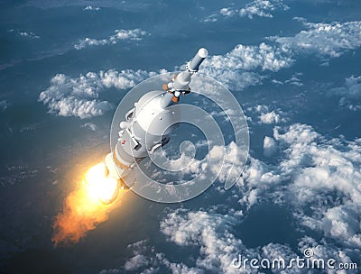 Cargo Carrier Rocket Launch In The Clouds Stock Photo