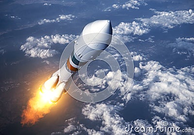 Cargo Carrier Rocket Launch In The Clouds Stock Photo