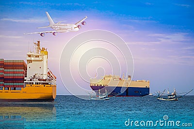 Cargo container and Automobile Transporter underway at sea Stock Photo