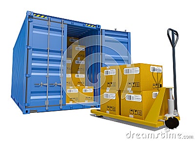 Cargo container with boxes and pallet trolley Cartoon Illustration