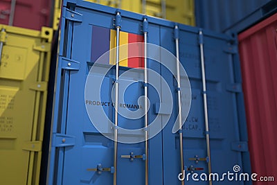 Cargo container with products of Romania and printed national flag. Logistics related 3D rendering Stock Photo