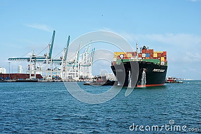 A Cargo Container Ship Arriving in PortMiami Editorial Stock Photo
