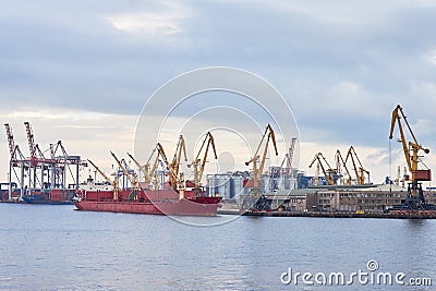 Cargo container terminal of sea freight industrial port. Lifting cargo cranes Stock Photo