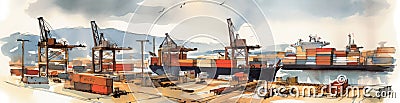 Panoramic banner, cargo container terminal, cargo port, AI generative watercolor illustration Cartoon Illustration