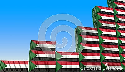 Cargo containers with flags of Sudan making a rising graph. Economic growth related 3D rendering Stock Photo