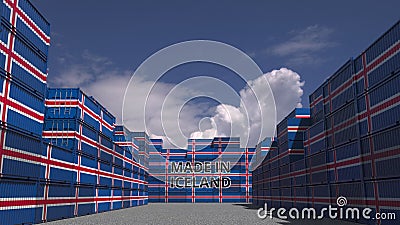 Many cargo containers with MADE IN ICELAND text and national flags. Icelandic import or export related 3D rendering Stock Photo