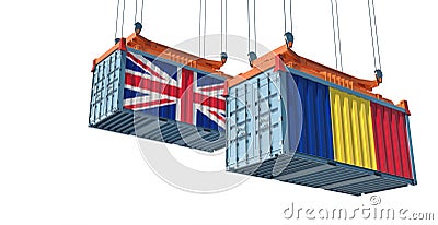 Cargo containers with Romania and United Kingdom national flags. Isolated on white. Stock Photo