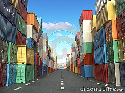 Cargo containers in shipping yard. Delivery shipping logistic im Cartoon Illustration