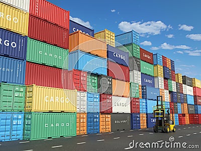 Cargo containers in shipping yard and forklift. Delivery shipping logistic import export industrial concept. Cartoon Illustration