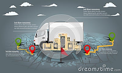 Cargo delivery truck infographic with stack of cardboard boxes. Navigation map and hud chart background. Vector Vector Illustration