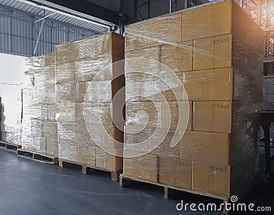 Cargo freight, Shipment, Delivery warehousing service, transportation. stack of cardboard boxes on pallet in the warehouse. Stock Photo