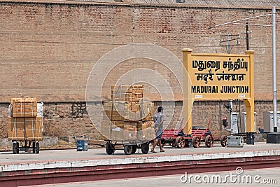 Cargo handler at Madurai junction, India Editorial Stock Photo