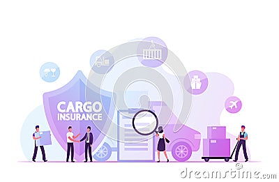 Cargo Insurance, Guaranty of Delivery Concept. Tiny Characters Making Deal with Shipping Company Vector Illustration