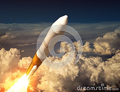 Cargo Launch Rocket In The Clouds Stock Photo