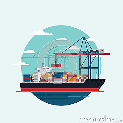 Cargo logistics being loaded container ship with working crane i Vector Illustration