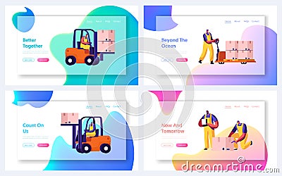 Cargo Logistics, Shipping Service Website Landing Page Set. Workers Loading Freight in Warehouse Using Forklift Trucks Vector Illustration