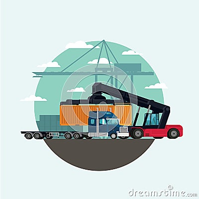 Cargo logistics truck and transportation container with working Vector Illustration