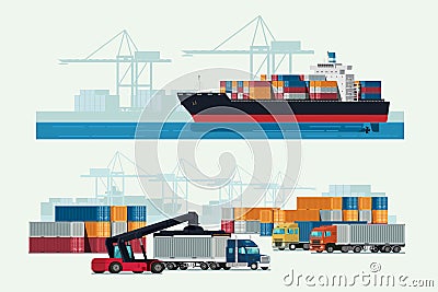 Cargo logistics truck and transportation container ship with working crane import export transport industry. illustration vector Vector Illustration