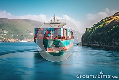 cargo maritime ship sailing across ocean, adorned with containers symbolizing international trade Stock Photo