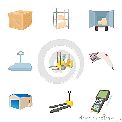 Cargo packing icons set, cartoon style Vector Illustration