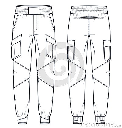 Cargo Pants fashion flat technical drawing template. Jogger Pants technical fashion Illustration, side pockets Vector Illustration