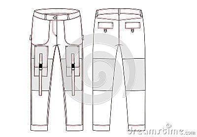 Cargo pants with large side pockets technical sketch. Front and back views - Vektorgrafik Vector Illustration