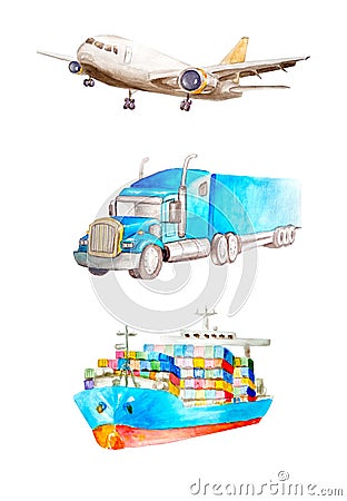 Cargo plane, American heavy truck tractor, container truck. Watercolor set of cargo transport on a white background isolated. For Stock Photo