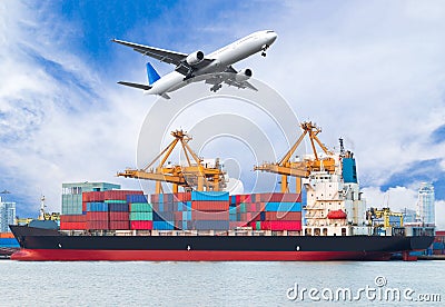 Cargo plane flying above ship port for logistic import export Stock Photo