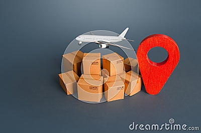 Cargo plane over boxes and red pin geolocation symbol. Services of express delivery and transportation of goods by plane. World Stock Photo