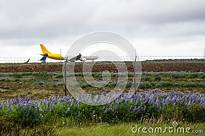 Cargo plane ready to take off on a cloudy summer day Stock Photo