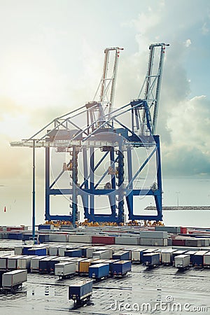 Cargo port in Helsinki. Harbor cranes in sea cargo port in Helsinki, Finland Stock Photo