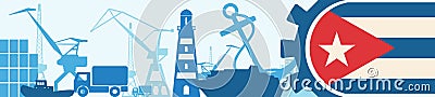 Cargo port relative icons set. Cuba flag in gear. Vector Illustration