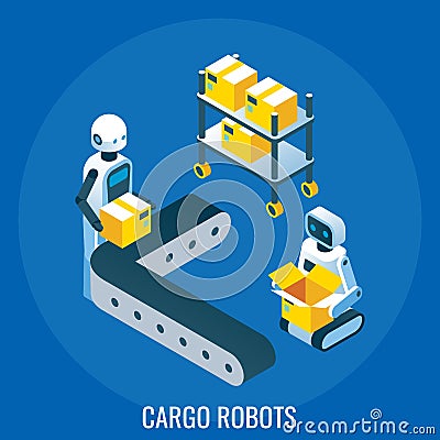 Automated line, cargo robots packing cardboard boxes, vector isometric illustration. Industrial automation and robotics. Vector Illustration