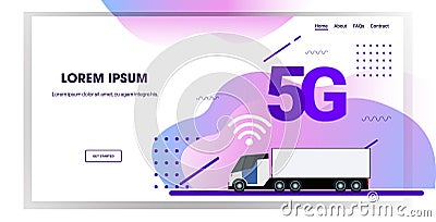 Cargo semi truck trailer driving road 5G online wireless system connection concept abstract background delivery Vector Illustration