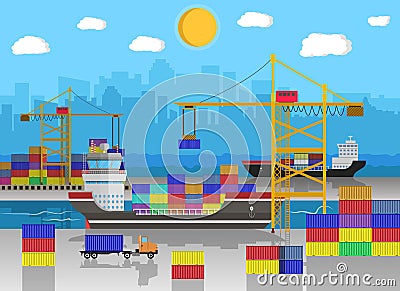 Cargo ship, container crane, truck. port logistics Vector Illustration