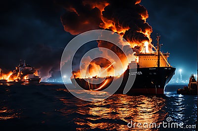 Cargo Ship Engulfed in Flames at the Seaport: Grain Scattered Amid the Explosion, Smoke Billowing in the Aftermath Stock Photo