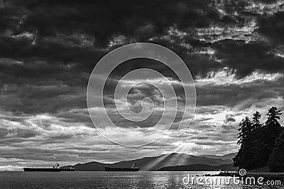 Cargo ship floating in Burrard Inlet, Vancouver, BC Stock Photo