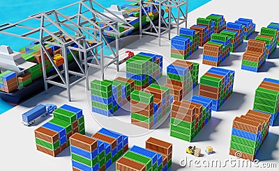 Cargo ship and industrial port with tractor and trailer or semi truck ,shipping container ,logistic import export concept ,3d Cartoon Illustration