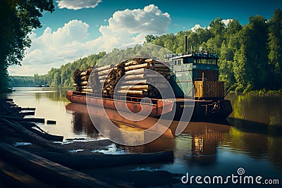 Cargo ship loaded with wood on the river bank of mixed forests. Generative AI Stock Photo