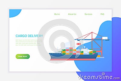 Cargo Ship loading with Containers by Port Crane Flat vector illustration. Delivery Shipment concept Vector Illustration