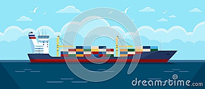 Cargo ship in ocean. Commercial freight vessel with containers in sea. Maritime commerce delivery, shipping industry Vector Illustration