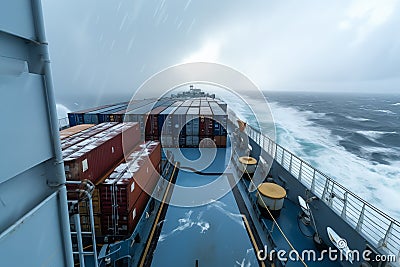 Cargo ship sailing in strong storm, view from deck. Generative AI Stock Photo