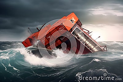 Cargo ship sinks at sea. Wreck on the coast. Neural network AI generated Stock Photo