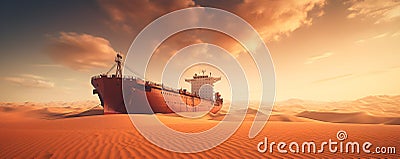 Cargo ship stranded in desert sands facing supply chain challenges worldwide. Concept Logistics, Supply Chain, Desert Stranded Stock Photo